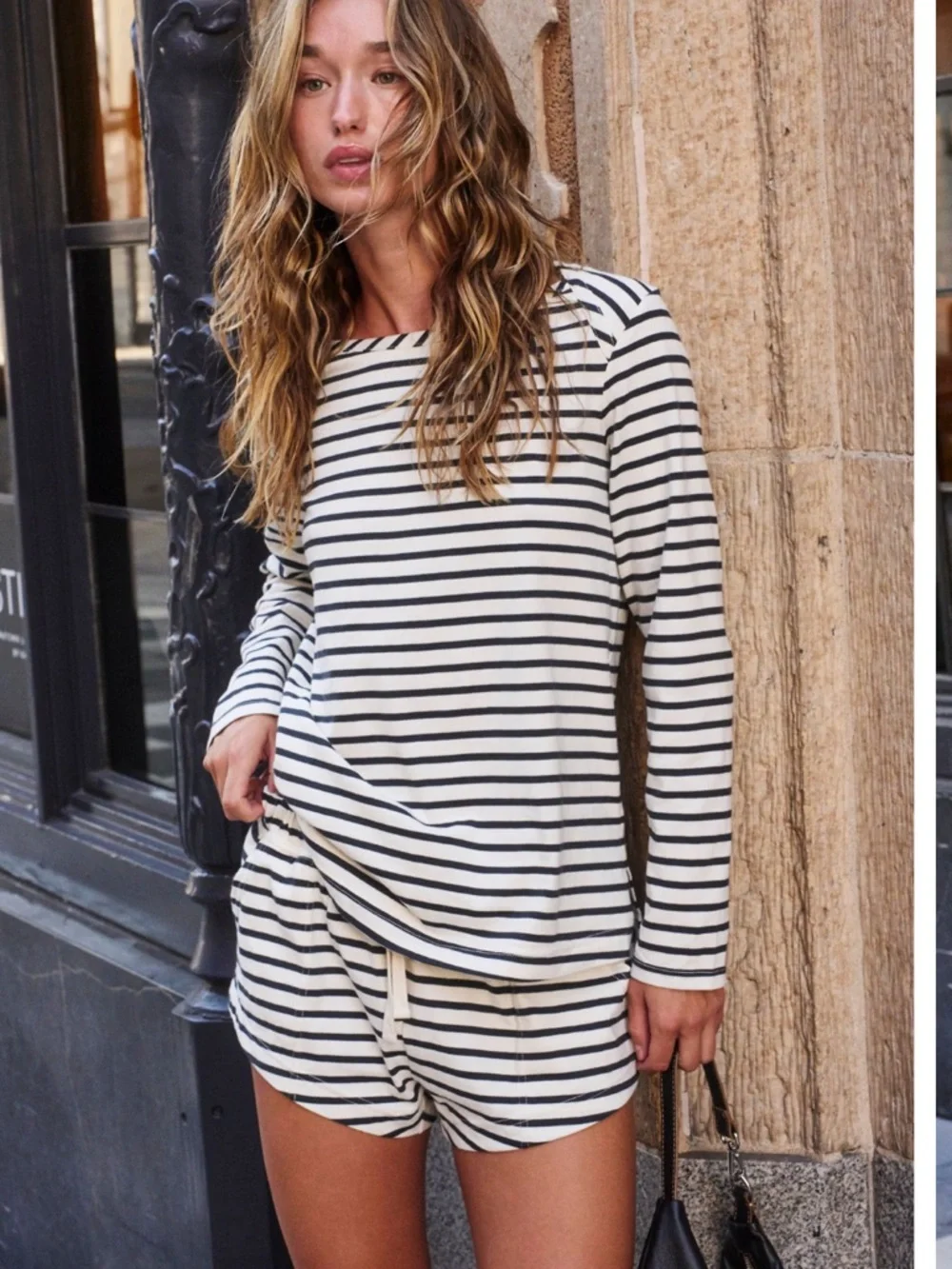 Free People Ivory and Black Striped Lounge Top & Shorts Set